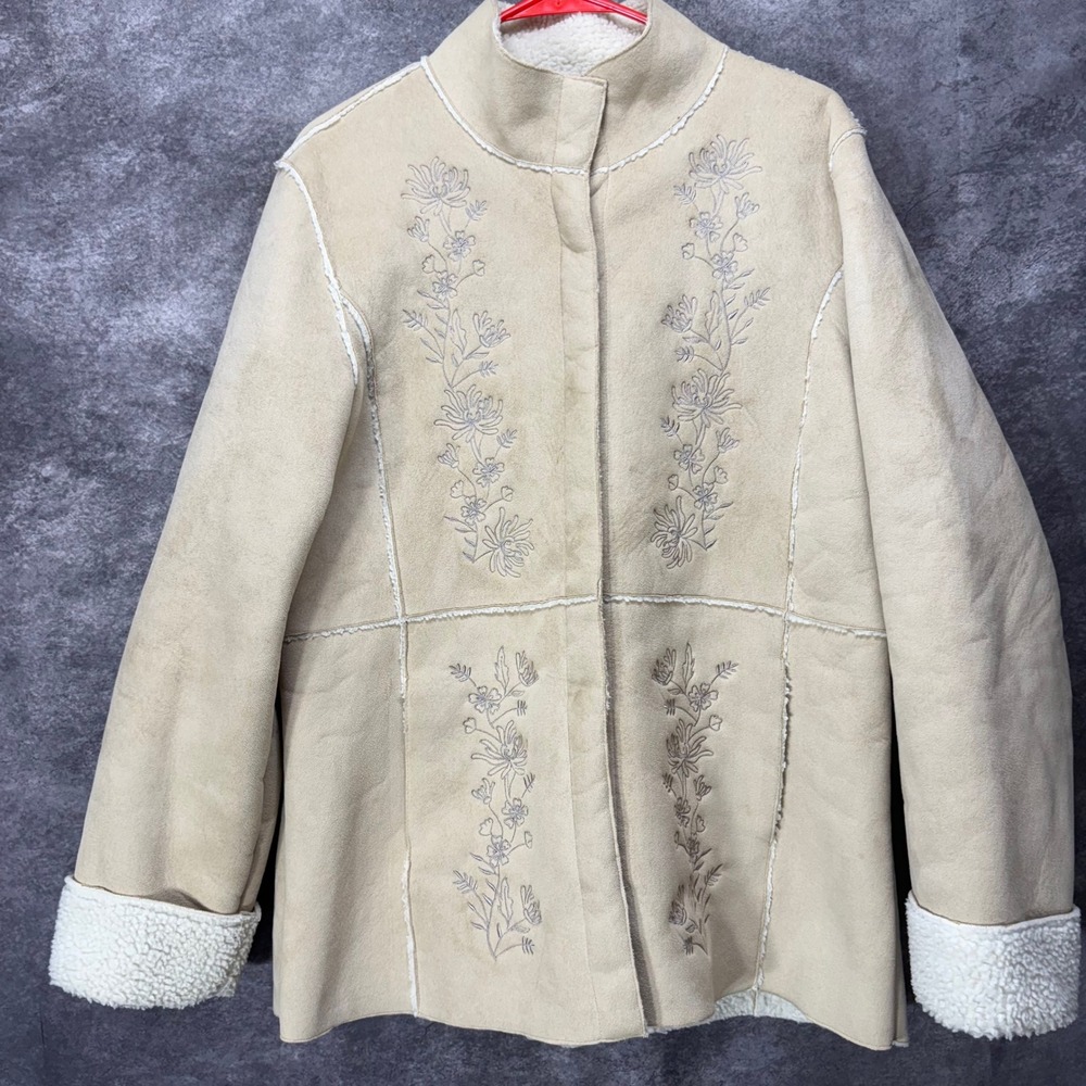 IZOD Embroidered Pennylane Coat Womens L Faux Suede Sherpa Lined Phoebe Buffay